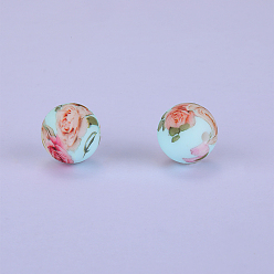 Colorful Printed Round with Flower Pattern Silicone Focal Beads, Colorful, 15x15mm, Hole: 2mm