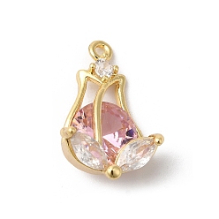 Pink Латунные подвески, со стеклом, цветок, золотые, розовые, 19x12x6 мм, отверстие : 1.2 мм