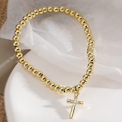 Настоящее золото 18K Браслеты с подвесками из латуни с прозрачным кубическим цирконием, круглые бусины эластичные браслеты для женщин, крестик, реальный 18 k позолоченный, 7.87 дюйм (20 см)