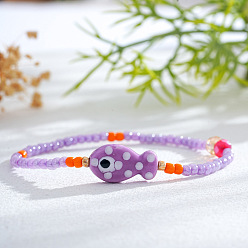 Лиловый Эластичные браслеты из смолы и фарфоровых бусин для женщин, рыба, сирень, 6.89 дюйм (17.5 см)
