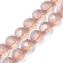 Pink Electroplate Transparent Glass Beads Strands, Faceted, Flat Round, Pink, 10x6mm, Hole: 0.9mm, about 70pcs/strand, 27.95 inch(71cm)