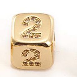 Number Латунные микро проложить кубического циркония бусы, куб с номером, прозрачные, золотые, кол. 2, 8.5x8.5x8.5 мм, отверстие : 3.5 мм