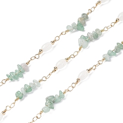 Зеленый Авантюрин Латунные цепные цепи, со стеклянными и зелеными авантюриновыми бусинами, долговечный, пайки, с катушкой, золотые, 20x4.5 мм, около 16.40 футов (5 м) / рулон