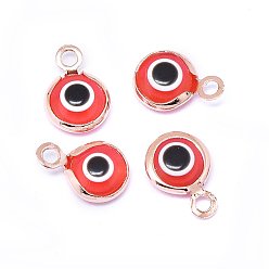 Розовый Позолоченный Подвески ручной работы сглаз, с латунной фурнитурой , плоско-круглые, красные, Настоящее розовое золото покрыто, 10x6.5x3 мм, отверстие : 1.5 мм