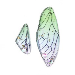 Бледно-Зеленый Подвески в виде крыльев бабочки из эпоксидной смолы, со стразами и золотой фольгой, бледно-зеленый, 49x18x2~3 мм, отверстие : 1.2 мм, маленькие крылья: 25x11x3мм