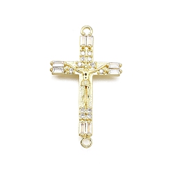 Настоящее золото 18K Латунный микропаве прозрачный кубический цирконий религия распятие крест соединительные подвески, долговечный, без свинца и без кадмия, реальный 18 k позолоченный, 33.5x19x3 мм, отверстие : 1.6 мм