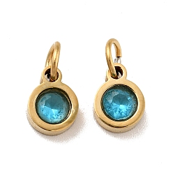 Cyan Vacuum Plating 304 Stainless Steel Pendants, with Cubic Zirconia and Jump Rings, Single Stone Charms, Flat Round, Golden, Cyan, 7.5x5.5x2.5mm, Hole: 3.6mm