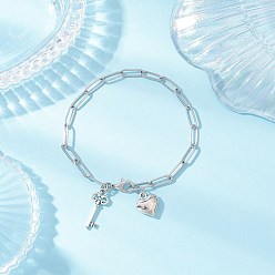 Нержавеющая Сталь Цвет 304 браслеты с подвесками из нержавеющей стали в виде цепочек-скрепок для женщин, сердца и ключ, с цинковым сплавом застежками омаров коготь, цвет нержавеющей стали, 7-7/8 дюйм (20 см), Ключ: 21.5x8.5x1.5 мм