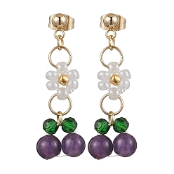 Фиолетовый Серьги-подвески из стекла с вишнями и цветами, с 304 фурнитурой для сережек-гвоздиков из нержавеющей стали и стеклянными бусинами, золотые, фиолетовые, 35.5x12.5 мм