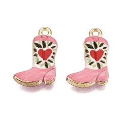 Pink Printed Alloy Pendants, Rack Plating, Shoes & Heart Charms, Cadmium Free & Nickel Free & Lead Free, Golden, Pink, 21.5x13x3.5mm, Hole: 1.6mm