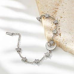 Stainless Steel Color 304 Stainless Steel Micro Pave Clear Cubic Zirconia Moon & Star Link Bracelets for Women, Stainless Steel Color, 6.30 inch(16cm)