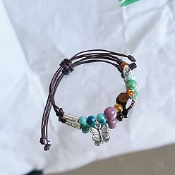 Бабочка Керамические бусины плетеные браслеты из бисера, регулируемые плетеные браслеты из вощеного шнура для женщин, бабочка, 4~10-1/4 дюйм (10~26 см)