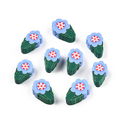 Cornflower Blue Handmade Polymer Clay Beads, Flower, Cornflower Blue, 10~12.5x6.5~8x4.5~5mm, Hole: 1.4~1.8mm