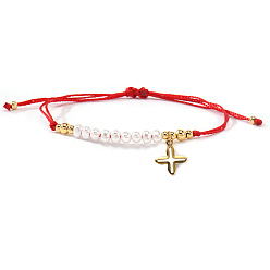 Красный 304 из нержавеющей стали крест шарм браслеты, Регулируемые браслеты из латуни и круглых бусин из искусственного жемчуга для женщин., красные, 11.02 дюйм (28 см)