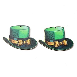 Vert Pendentifs en bois imprimés à face unique de la Saint-Patrick, charmes de chapeau haut de forme, verte, 35.5x49x2.5mm, Trou: 2mm