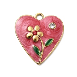 Настоящее золото 18K 304 прелести нержавеющей стали, сердце с цветочными подвесками, с эмалью и стразами, ионное покрытие (ip), реальный 18 k позолоченный, 20x18.5x3 мм, отверстие : 2 мм
