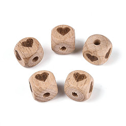 Сердце Гравированные бусины из бука, неокрашенными, кубические, сердце, 11.5~12x12~12.5x12~12.5 мм, отверстие : 3~4 мм