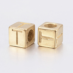 Golden 304 Stainless Steel Large Hole Letter European Beads, Horizontal Hole, Cube with Letter.T, Golden, 8x8x8mm, Hole: 5mm