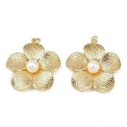 Настоящее золото 18K Латунные подвески, цветок, с жемчужинами из АБС-пластика и соединительными кольцами, без свинца и без кадмия, долговечный, стойки покрытие, реальный 18 k позолоченный, 37x35x9.5 мм, отверстие : 3.5 мм