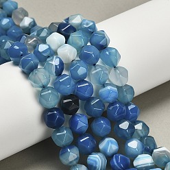 Королевский синий Окрашенные натуральные полосатые агатовые бусы, звезды вырезать круглые бусы, граненые, королевский синий, 9.5~10x9~10x9~10 мм, отверстие : 1~1.2 мм, около 36~38 шт / нитка, 13.58~14.37'' (34.5~36.5 см)