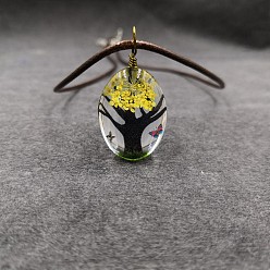 Желтый Овальный кулон в виде дерева из сушеных цветов с внутренней стеклянной вставкой из сплава и проволоки, на вощеном шнуре, для женщин., античная бронза, желтые, 17.72 дюйм (45 см)