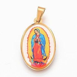 Golden 304 Stainless Steel Lady of Guadalupe Pendants, Oval with Virgin Mary, Golden, 27x17x3mm, Hole: 4x7mm