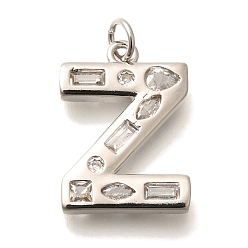 Letter Z Латунные микропаве прозрачные подвески с фианитом, с целью перехода в кольце, без свинца и без кадмия, долговечный, стойки покрытие, письмо амулеты, платина, Письмо Z, 20x14.5x2.7 мм, Перейти кольцо: 5x1 мм, 3 mm внутреннего диаметра.