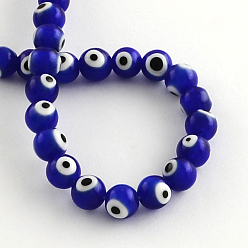 Blue Round Handmade Evil Eye Lampwork Beads, Blue, 6mm, Hole: 1mm, about 64pcs/strand, 14.1 inch
