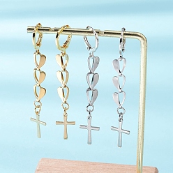 Золотой & Цвет Нержавеющей Стали 2 пары 304 серьги с застежкой-рычагом из нержавеющей стали, с фурнитурой латунной для серег, сердце с крестом, День святого Валентина, золотые и нержавеющая сталь цвет, 57x9 мм