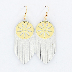 Белый Богемные серьги-подвески из сплава и овечьей шкуры с кисточками, плоские круглые с цветочным узором, золотые, белые, 82 мм