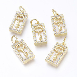 Настоящее золото 18K Латунные микро проложить кубического циркония подвески, с прыжковыми кольцами и натуральной оболочкой, долговечный, без кадмия и без свинца и без никеля, прямоугольник с ключом, прозрачные, реальный 18 k позолоченный, 16x8x3 мм, отверстие : 3.4 мм