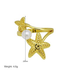 Starfish Brass & Imitation Pearl Cuff Open Rings, Golden, Starfish, 15~20mm