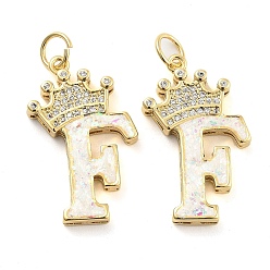 Letter F Латунные микропаве прозрачные подвески с фианитом, без кадмия и без свинца, с синтетическим опалом, реальный 18 k позолоченный, с целью перехода в кольце, Буква F, 26.5~33x14~23.5x3.5~4.5 мм, отверстие : 4.5 мм