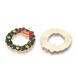 Темно-Зеленый Подвески из экологически чистого сплава с эмалью, без кадмия и без свинца и без никеля, на Рождество, Рождественский венок с колокольчиком, золотой свет, темно-зеленый, 27x25x1 мм, отверстие : 1.5 мм