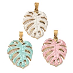 (52) Непрозрачная лаванда 304 подвески из нержавеющей стали, с эмалью, лист прелести, ионное покрытие (ip), реальный 18 k позолоченный, разноцветные, 35.5x28x3 мм, отверстие : 5x8 мм
