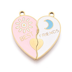 Pink 304 из нержавеющей стали эмали сплит подвески, сердце прелести, ионное покрытие (ip), реальный 18 k позолоченный, розовые, 25x23x1.5 мм, отверстие : 1.6 мм