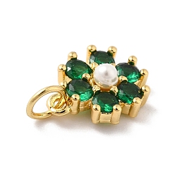Dark Green Rack Plating Brass Micro Pave Cubic Zirconia Charms, with Pearl, Cadmium Free & Lead Free, Real 18K Gold Plated, Flower, Dark Green, 12.5x10.5x4mm, Hole: 3.6mm