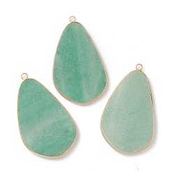 Зеленый Авантюрин Естественный зеленый авантюрин подвески, с золотым латунным краем, слеза, 45x26.5x2 мм, отверстие : 2 мм
