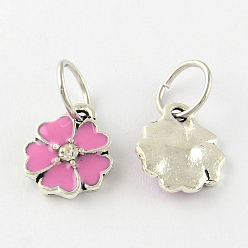 Mixed Color Enamel Style Flower Alloy Rhinestone Charms, with Iron Findings, Antique Silver, Mixed Color, 13.5x11x3mm, Hole: 6mm