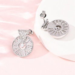 Платина Плоские круглые серьги-гвоздики из латуни с микропаве и прозрачным фианитом, без кадмия и без свинца, стойки покрытие, долговечный, платина, 19x15 мм