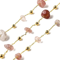 Клубничный Кварц Цепочки из бусин ручной работы из натурального клубничного кварца, пайки, с реечной обшивкой латунными выводами, долговечный, без свинца и без кадмия, с катушкой, реальный 18 k позолоченный, 5~14x2~7x3~7 мм