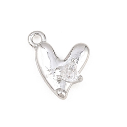 Платина Подвески из латуни с микро-паве ко Дню святого Валентина, прозрачные циркониевые подвески, сердце прелести, платина, 10.5x9x3 мм, отверстие : 1.2 мм