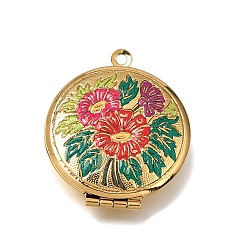 Red 304 Stainless Steel Locket Pendants, with Enamel, Round with Flower Charms, Golden, Red, 32x27x7mm, Hole: 1.8mm