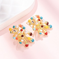 Настоящее золото 18K Серьги-гвоздики из латуни с микропаве из кубических цирконий в стиле фейерверк, с эмалью и АБС-пластиком, имитирующим жемчуг, стойки покрытие, долговечный, без кадмия и без свинца, реальный 18 k позолоченный, 21.5x16.5 мм