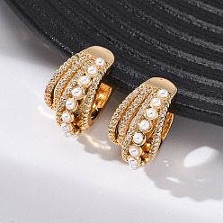 Настоящее золото 18K Многослойные серьги-каффы в форме буквы С из латуни с микропаве из прозрачных кубических цирконий, с абс пластмассовой имитационной жемчужиной, реальный 18 k позолоченный, 19x15.5x11 мм