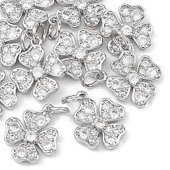 Платинированный Латунные микропаве прозрачные подвески с фианитом, без кадмия, без никеля и без свинца, подвески в виде четырехлистного клевера, Реальная платина, 14x12x3 мм, Перейти кольцо: 5x1 мм, внутренний диаметр: 3 мм