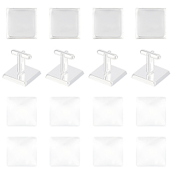 Серебро 10шт. латунная пуговица для манжет, сеттинги для кабошонов для создания одежды , с 10 стеклянными кабошонами, квадратный, серебряные, 20x21x21 мм, лоток : 20x20 мм