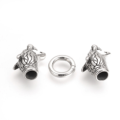 Antique Silver 304 Stainless Steel Spring Gate Rings, O Rings, with Two Cord End Caps, Dragon Head, Antique Silver, Cord End: 50x10x13mm, Hole: 6mm