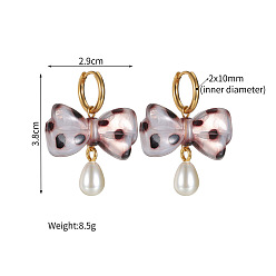 Bowknot 304 Серьги-кольца из нержавеющей стали, акрила и пластика с жемчужными подвесками, золотые, бантом, 29x38 мм