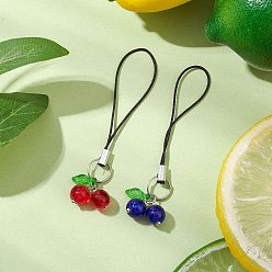 Mixed Color Cherry Glass & Acrylic Mobile Straps, Mobile Accesoories, Mixed Color, 75.5mm, 2pcs/set